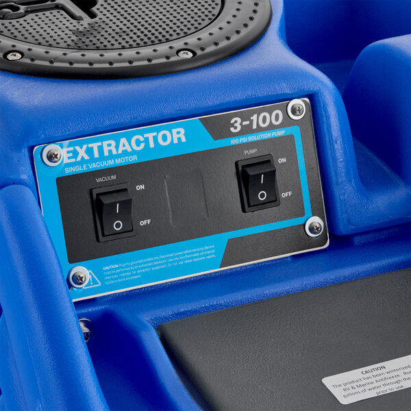 A blue and black Lavex carpet extractor with black switches.
