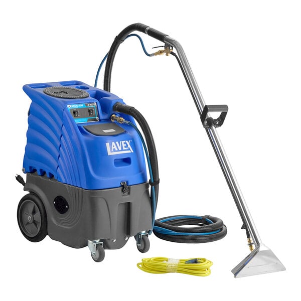 A blue and grey Lavex carpet extractor with hoses and a long wand.
