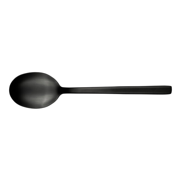 A Libbey Elexa stainless steel dinner/dessert spoon with a black handle.