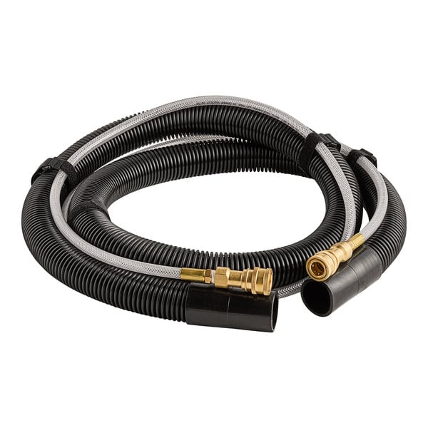 A black Lavex hose with gold fittings and a silver connector.