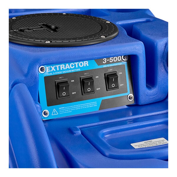 A close up of a blue and black Lavex carpet extractor with switches and buttons.