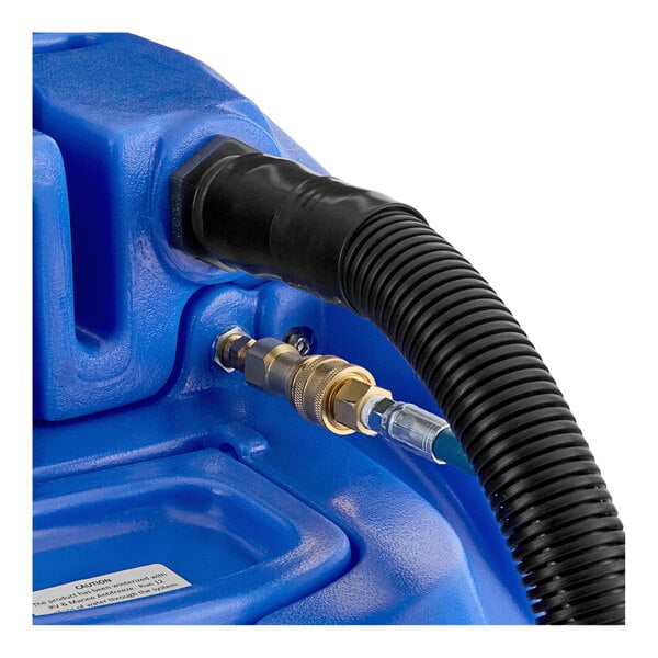 A blue Lavex carpet extractor tank with hoses attached.