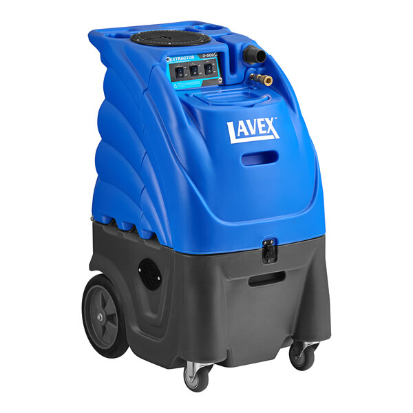 A blue and black Lavex carpet extractor with hoses and a wand.