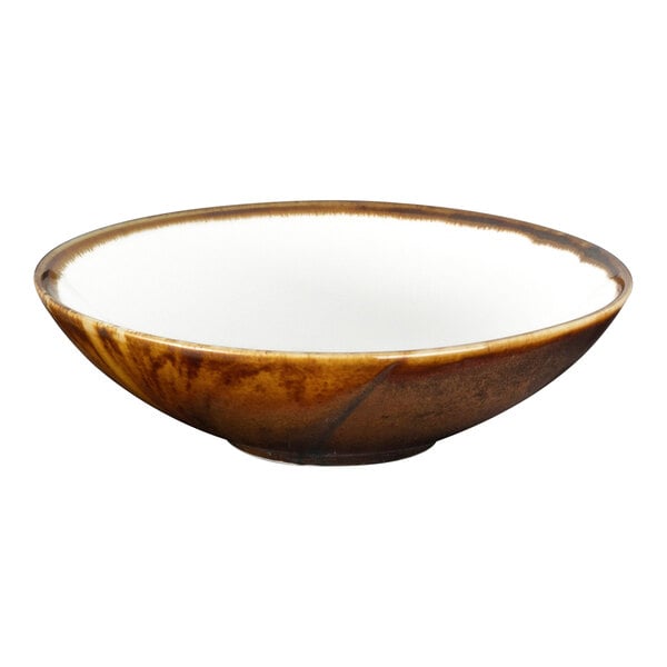 A brown bowl with a white rim.