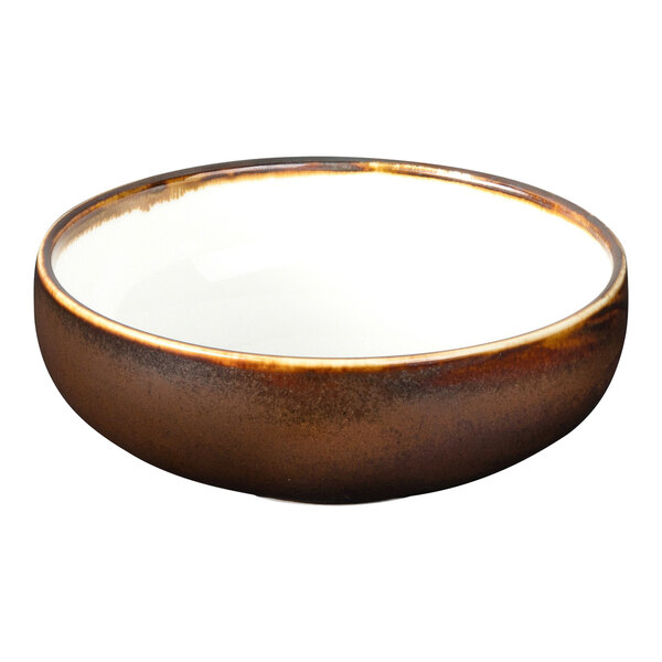 A Bon Chef Tavola brown bowl with a white rim.