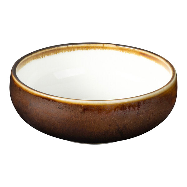 A brown bowl with a white rim.