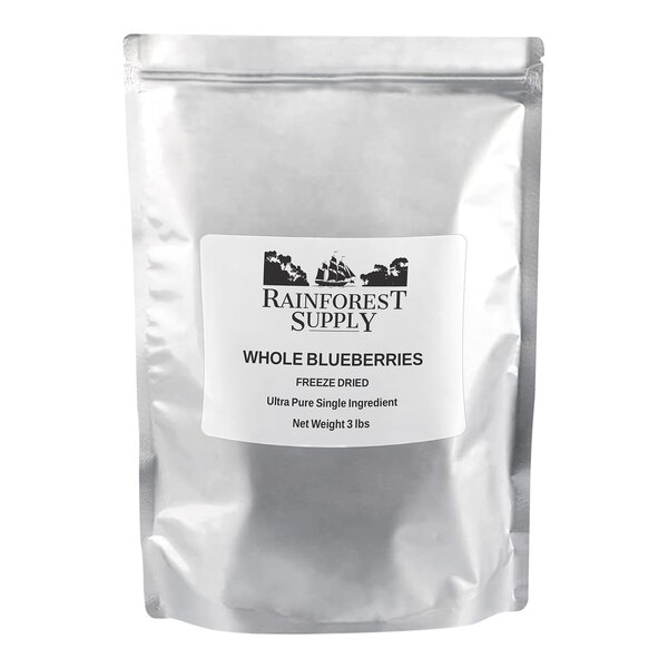 A white bag of Rainforest Supply freeze-dried whole blueberries with a white label.