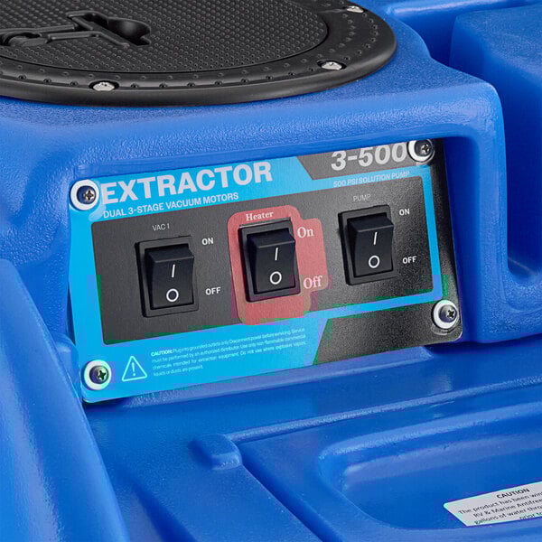 A blue Lavex carpet extractor with black switches and buttons.