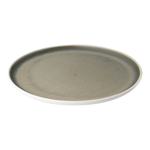 A white Bon Chef Tavola plate with a gray rim.