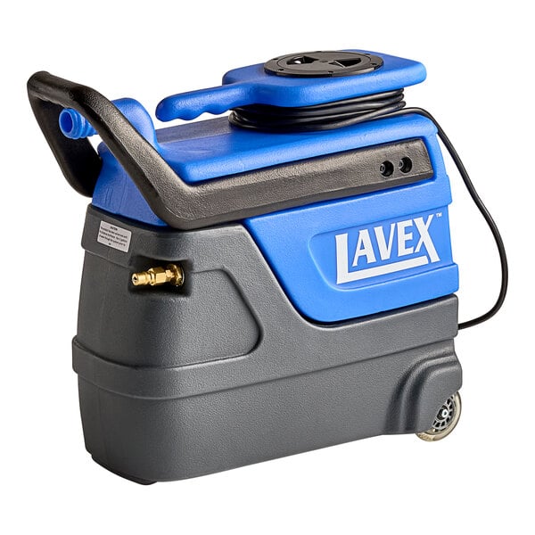 A blue and black Lavex 2-stage cold water spot extractor with hoses and a clear-view tool.