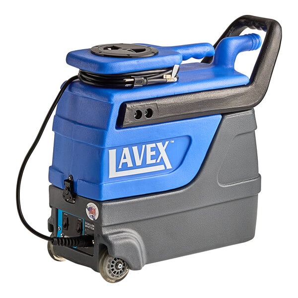 A blue and grey Lavex 2-stage portable carpet extractor with black and blue hoses and a black handle.