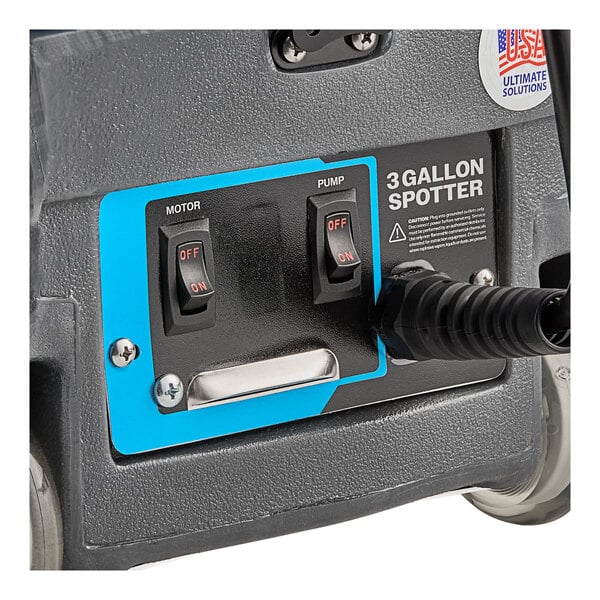 A close up of a blue and black Lavex carpet spot extractor machine.