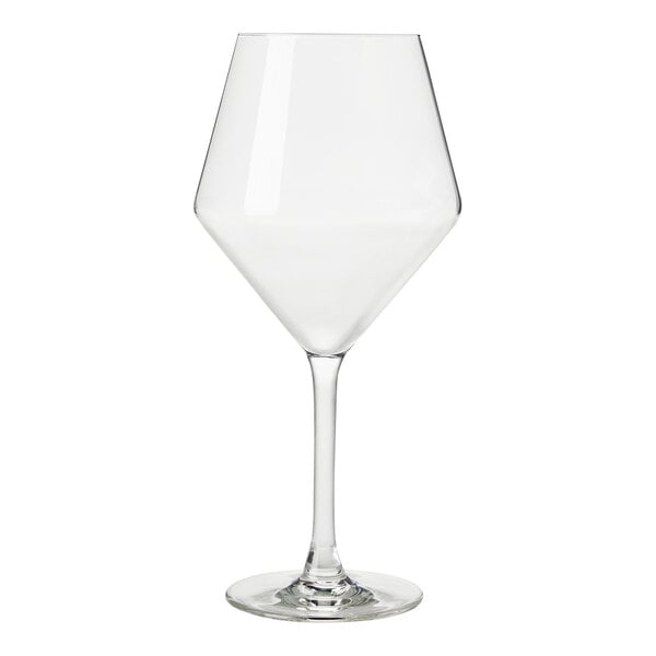 A clear wine glass with a stem.