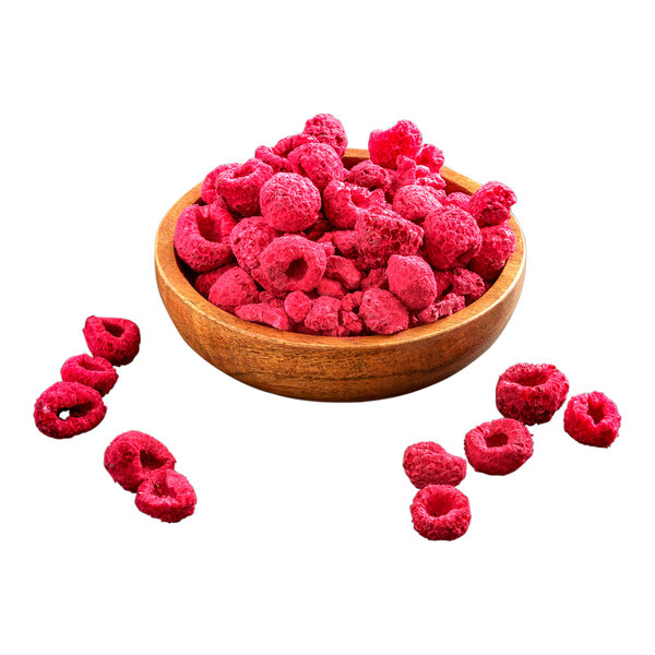 Freeze-dried whole raspberries in a wooden bowl.