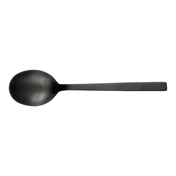 A black stainless steel bouillon spoon with a long handle.