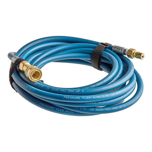 A Lavex blue hose with brass quick-connect fittings.