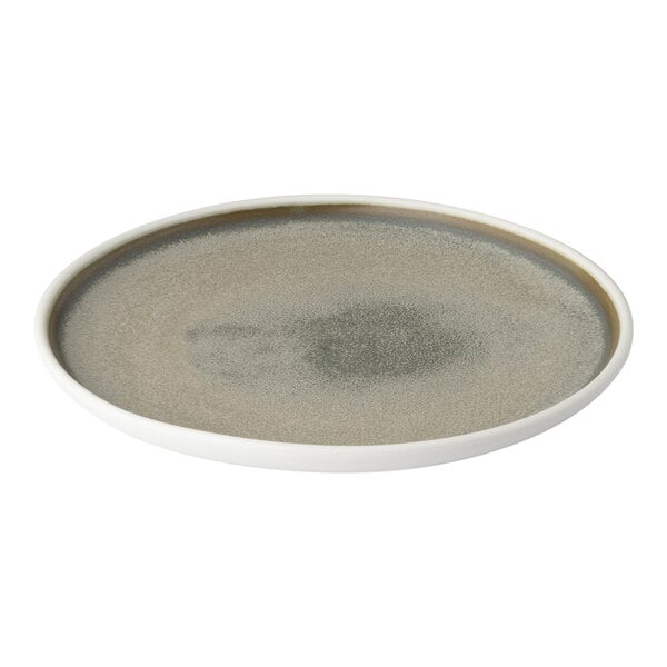 A close-up of a white Bon Chef Tavola Fog plate with a white rim.