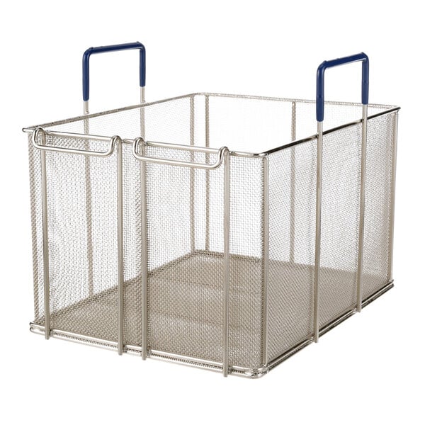 A stainless steel wire pasta basket with blue handles.