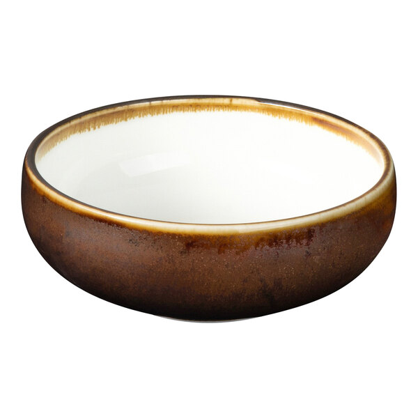 A brown bowl with a white rim.