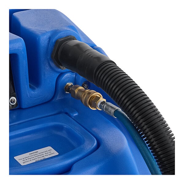 A blue plastic Lavex carpet extractor tank with hoses attached.