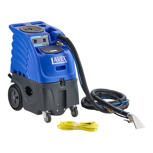 A blue and grey Lavex carpet extractor with wheels and hoses.