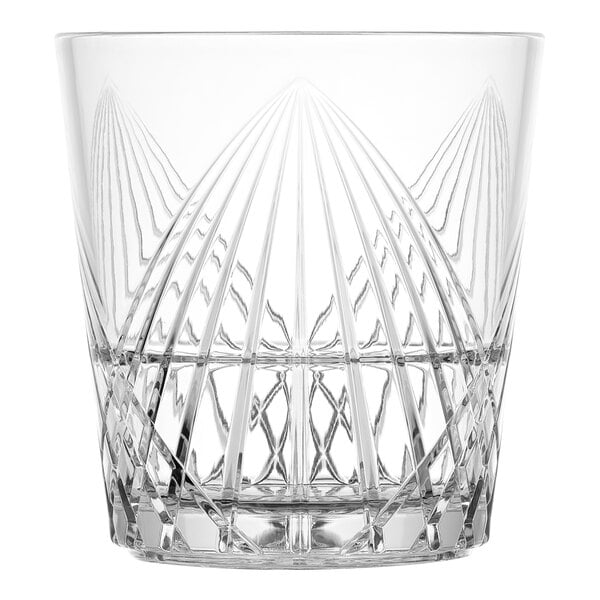 A Libbey clear plastic rocks glass with a diamond pattern.