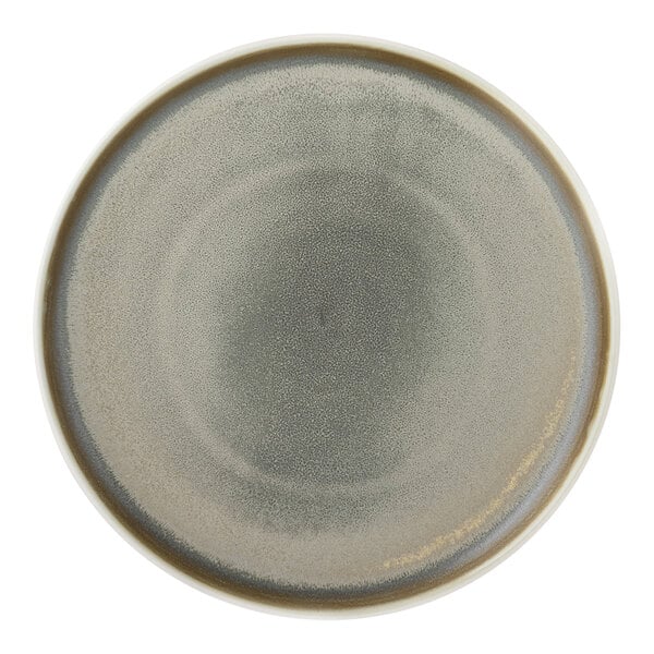 A close-up of a white Bon Chef Tavola Fog plate with a grey rim.