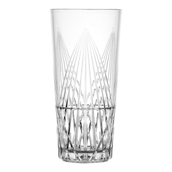 A close-up of a Libbey Tritan plastic highball glass with a design on it.