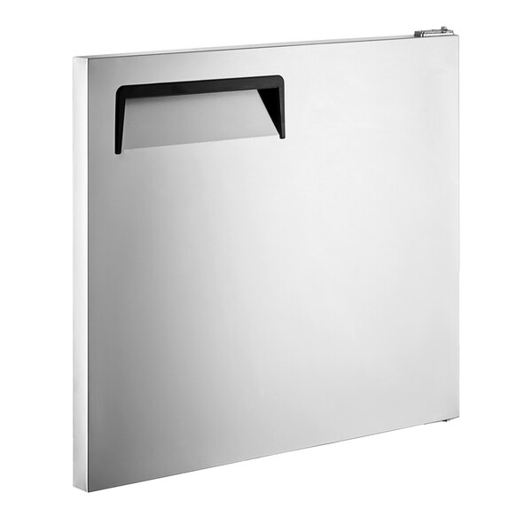 A white rectangular door with a black handle.
