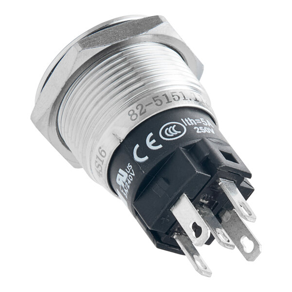 A stainless steel push button with two wires.