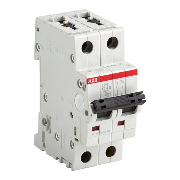 An Avantco circuit breaker with red and black switches and labels.