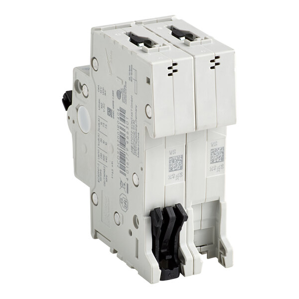 A close-up of a white Avantco circuit breaker with black plastic inserts.