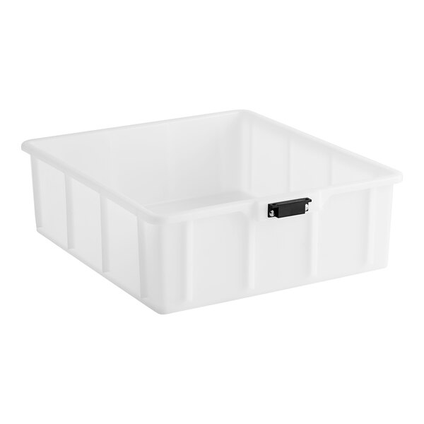 A white plastic container with a black handle.