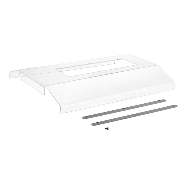 A clear plastic table top with metal rods and a metal strip on a clear plastic shelf.