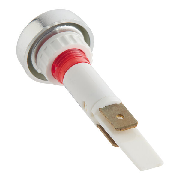 A white and red plastic knob with a metal cap.