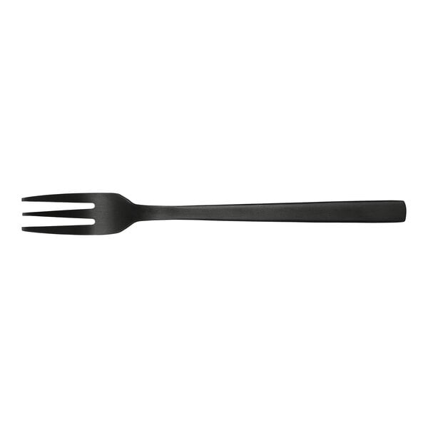 A black Libbey Elexa cocktail fork with a white background.