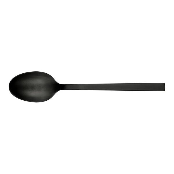 A black stainless steel oval dinner spoon with a long handle.