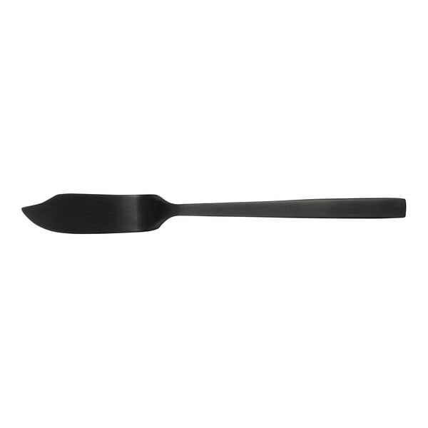 A close up of a Libbey Elexa Satin Noir stainless steel butter spreader with a black handle.