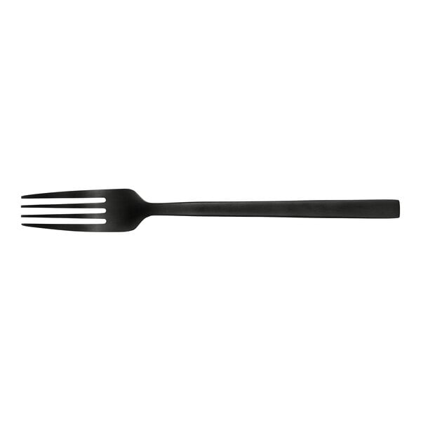 A Libbey Elexa Satin Noir stainless steel dessert/salad fork with a black handle.