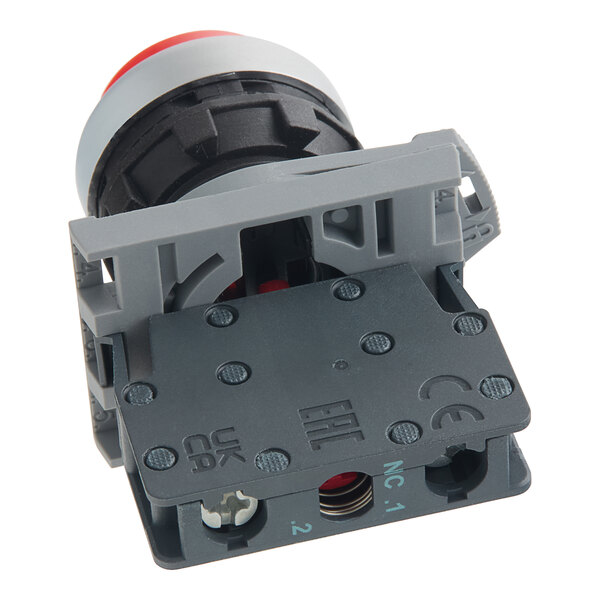 A black and grey Estella cheese grater stop button with a red button.