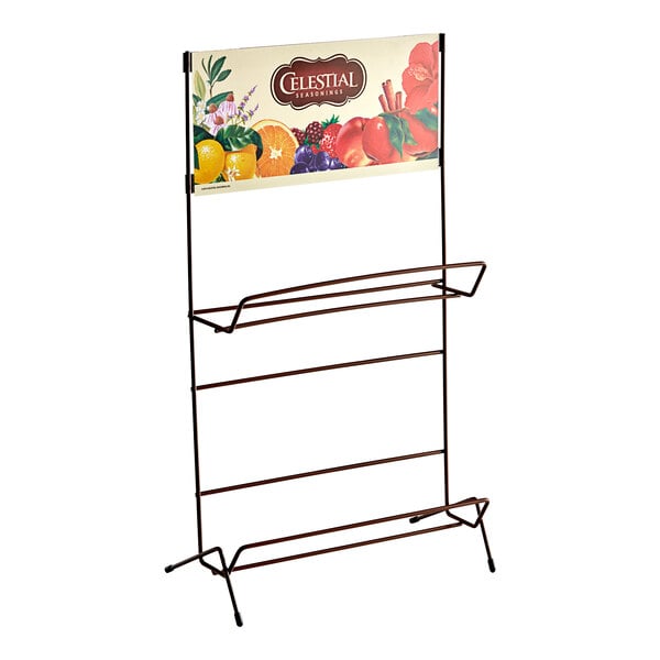 A white metal Celestial Seasonings tea rack with a display for tea boxes.