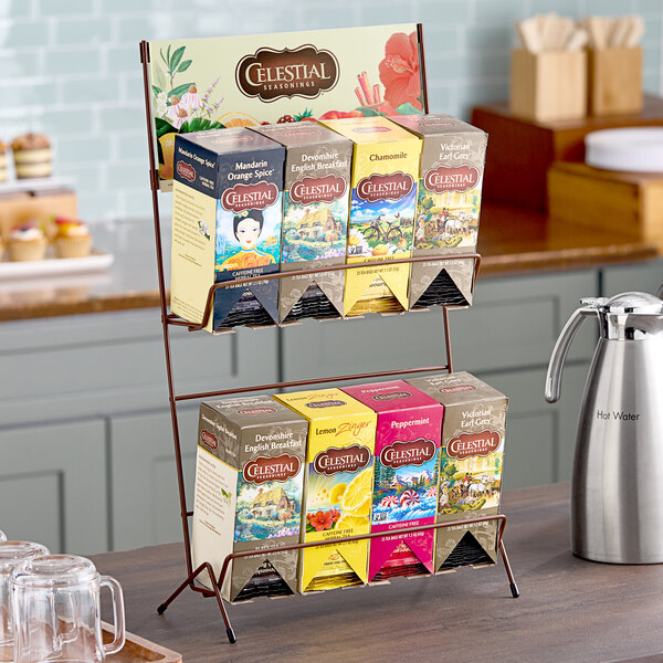 A Celestial Seasonings tea rack holding boxes of tea.