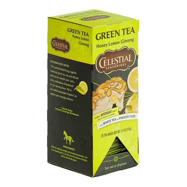 A box of Celestial Seasonings Honey Lemon Ginseng Green Tea Bags on a white background with text.