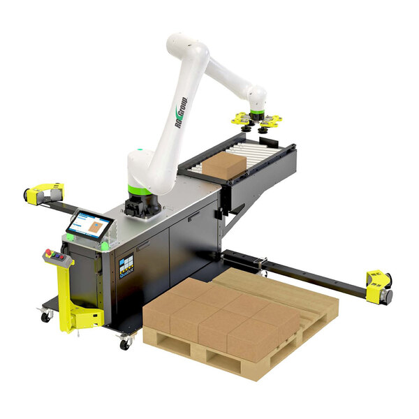 A white RG Group robotic arm with a box on top of it.