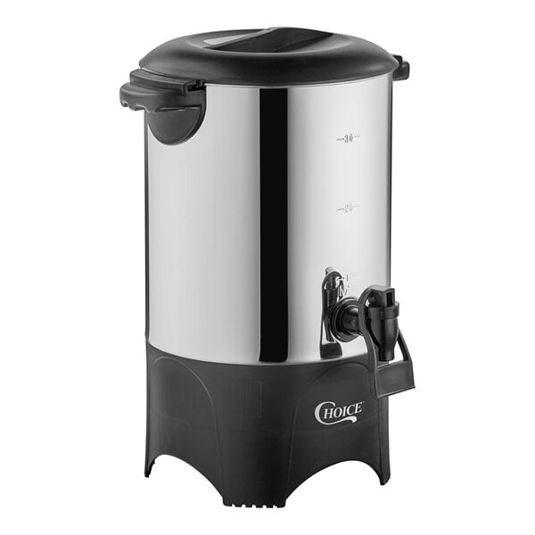 A stainless steel 30-cup coffee urn with a black base and spigot.