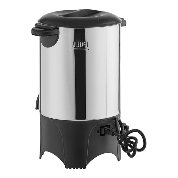 A stainless steel and black electric coffee urn with a 30-cup capacity and a power cord.