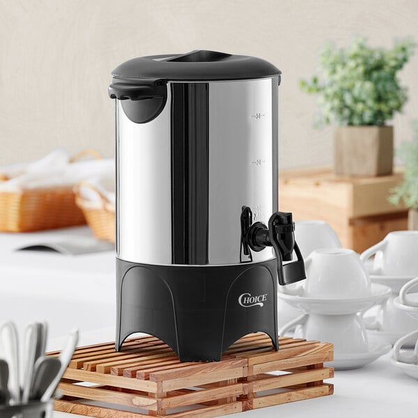 A stainless steel coffee urn with a black base and spigot, designed to hold up to 30 cups.