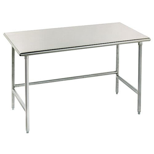 A stainless steel Advance Tabco work table with galvanized steel legs.