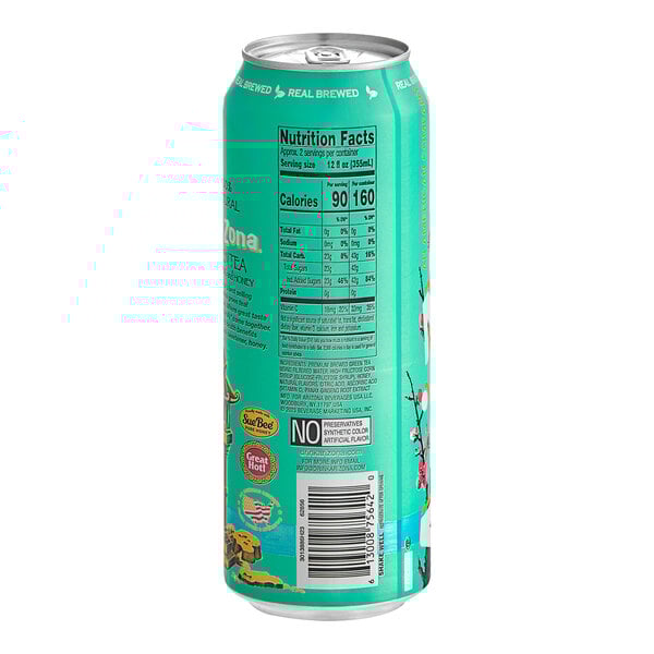 An AriZona Green Tea can with a label.