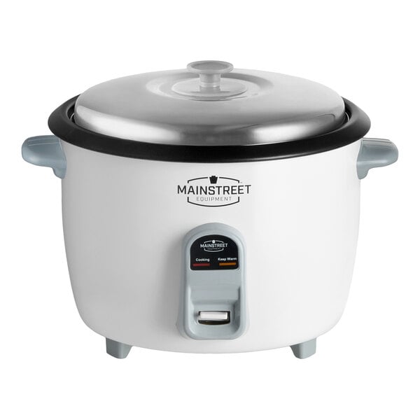A white electric rice cooker and warmer with a stainless steel lid and side handles.
